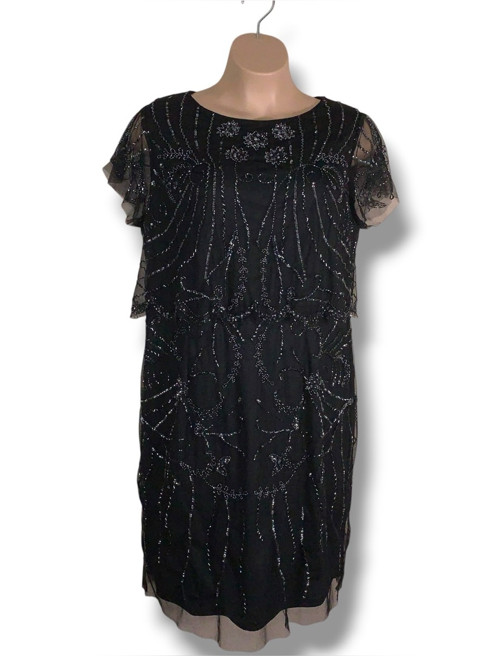 20w Adrianna Papell Black Sequin Dress Cocktail Party Short Sleeve Event Plus